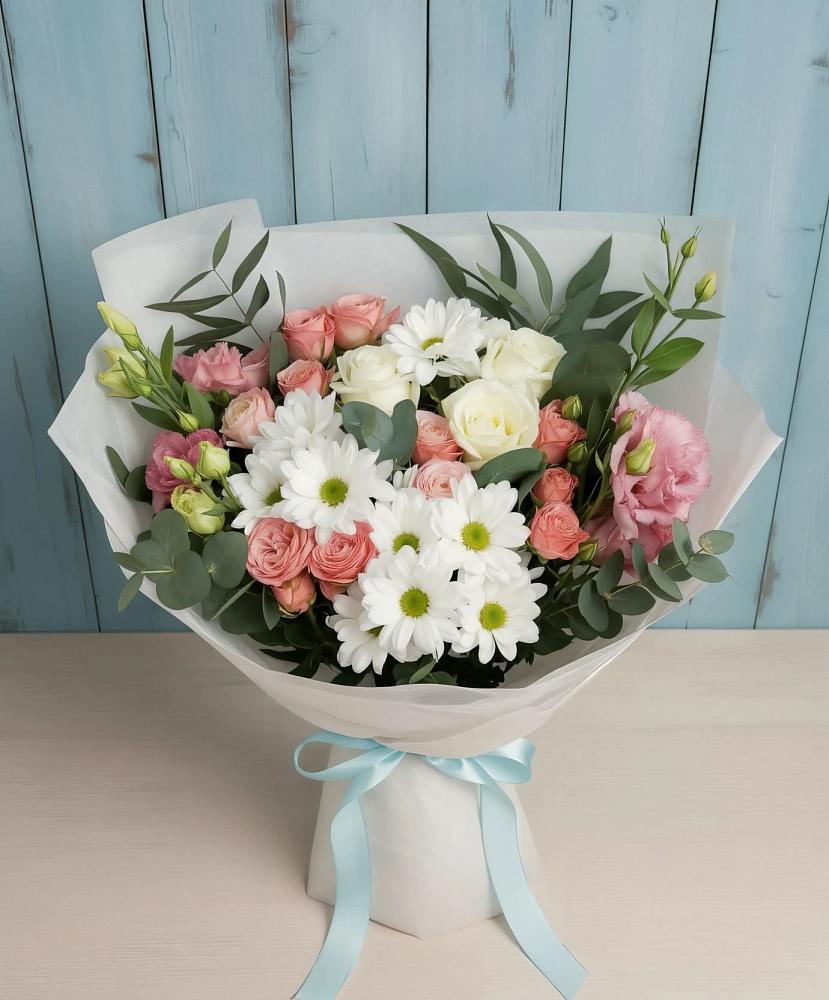 Букет цветов из: Розы, Лизиантусы и Хризантемы в Литвиново