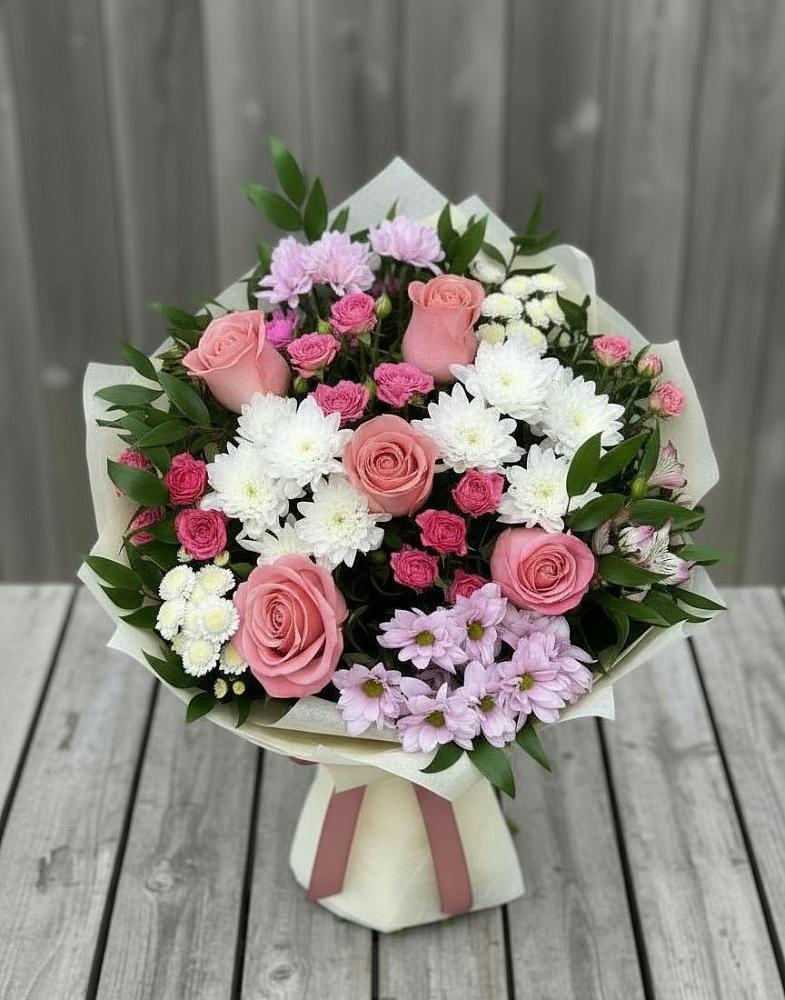 Букет цветов из: Альстромерии, Гвоздики, Розы и Хризантемы в Литвиново